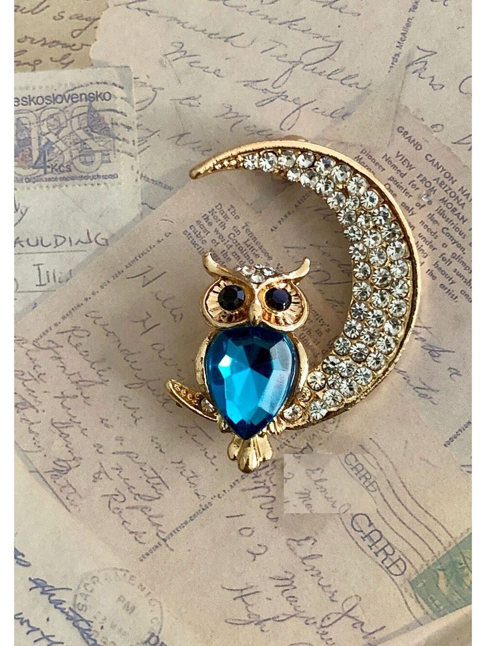 Sparkling Owl Brooch with Blue Gem and Crystal Crescent Moon Pin
